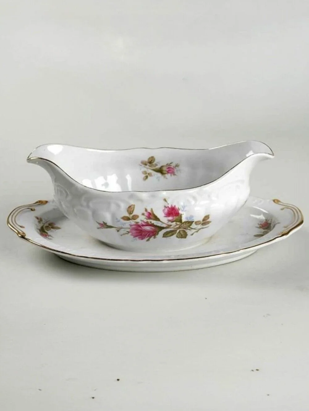 Vintage Royal Rose Bond Fine China Japan Gravy Boat with Attached Underplate